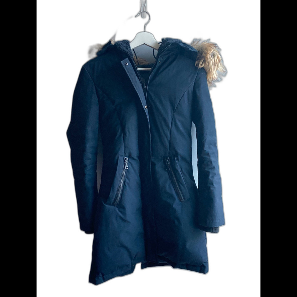 Vince Camuto Women’s XS Navy Blue Hooded Faux Fur Trim Long Winter Parka Coat